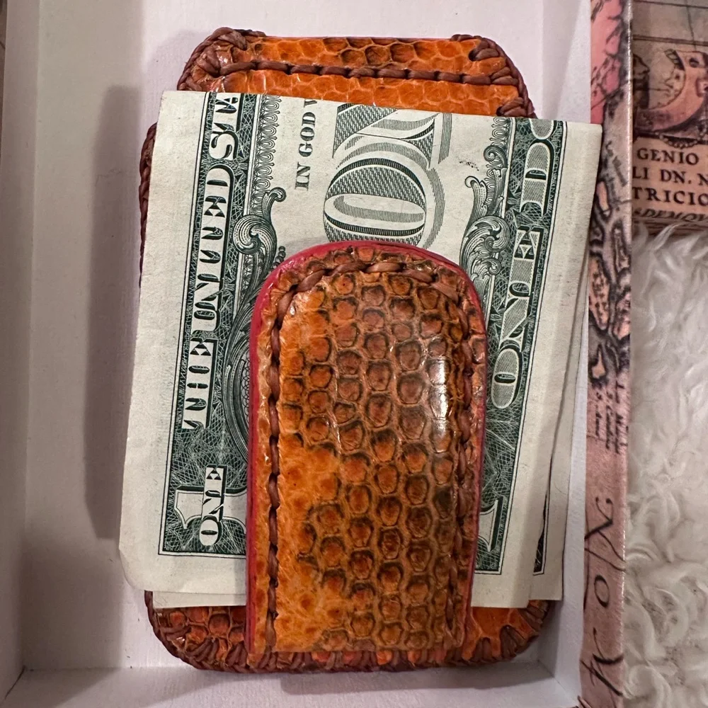 Hand Crafted Orange Leather Money Clip/Credit Card Holder